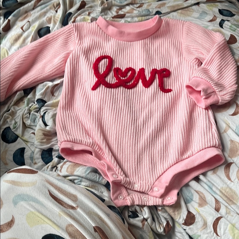 B1 Pink Knit “Love” Embroidered Knit Bubble Romper